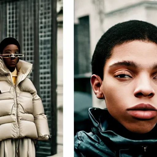 Image similar to realistic photoshooting for a new balenciaga lookbook color film photography close up portrait of a beautiful woman model, model wears a puffer jacket, photo in style of tyler mitchell, wes anderson, ssense