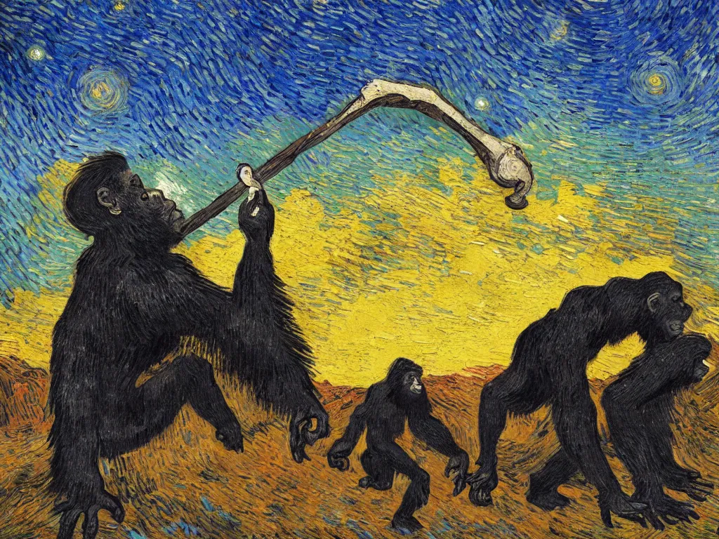 Prompt: bright beautiful oil painting of a primitive ape throws a bone at a giant black monolith at sunrise, light scatter, van gogh