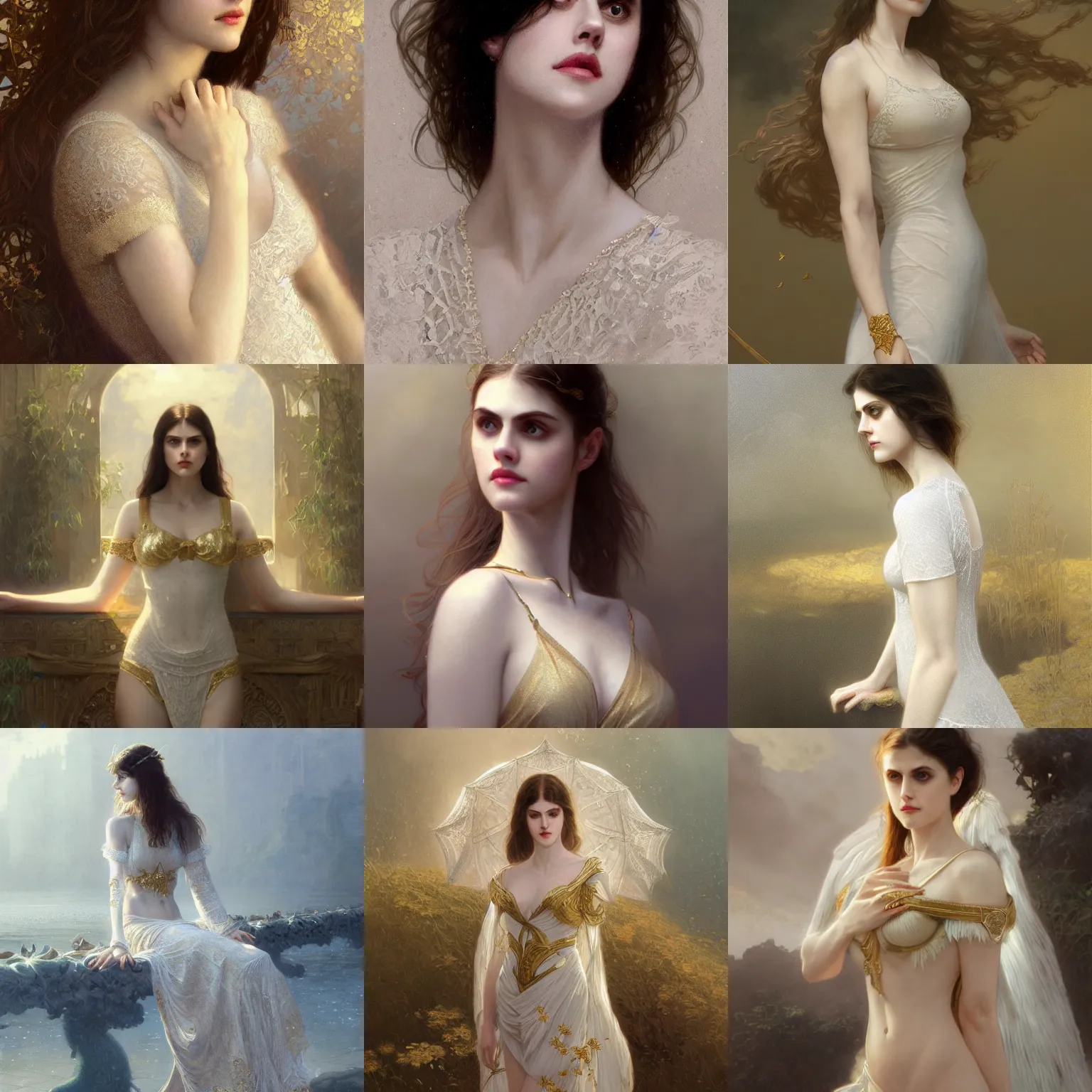 Prompt: alexandra daddario, white lace clothing, gold accessories, elegant, highly detailed, digital painting, matte, sharp focus, art by wlop, greg rutkowski, alphonse mucha, frank frzetta, boris vallejo, bouguereau, beksinski, cinematic, octane render