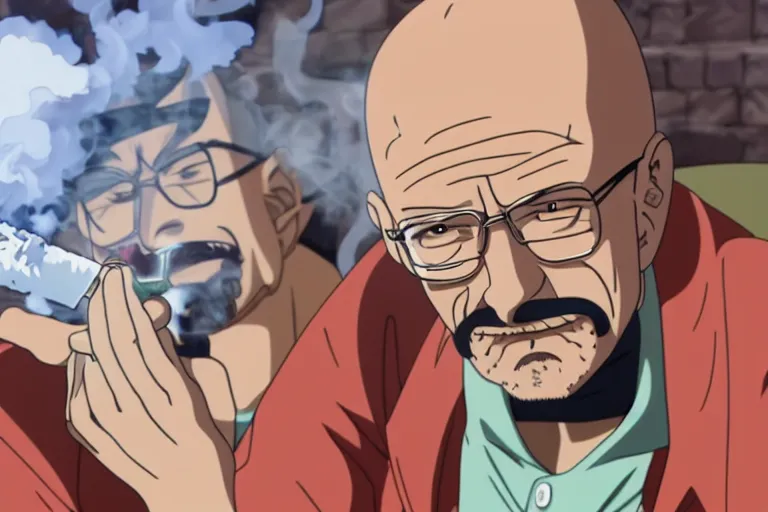 Image similar to walter white smoking a big joint in One Piece Anime Series, 4k Resolution.