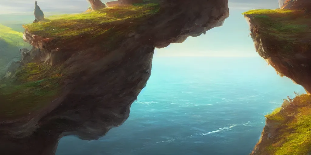 Prompt: Field on the edge of a cliff overlooking the ocean by Jessica Rossier, trending on art station