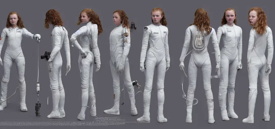 Image similar to character sheet concept art of sadie sink in a skintight white spacesuit, realistic, hyperrealistic, photographic, costume, wlop, dan mumford, greg rutkowski, high detail, octane render, alexander mcqueen, james gurney, james jean, mucha, photo, 8 k, intricate