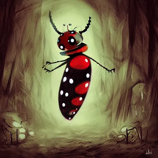 Image similar to ladybug as a monster, realsitic art style, scary atmosphere, nightmare - like dream