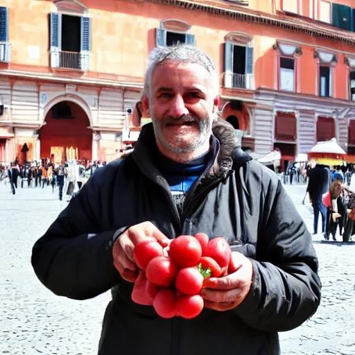 Prompt: friendly looking local from Bologna offering you a cotoletta in Piazza Cavour