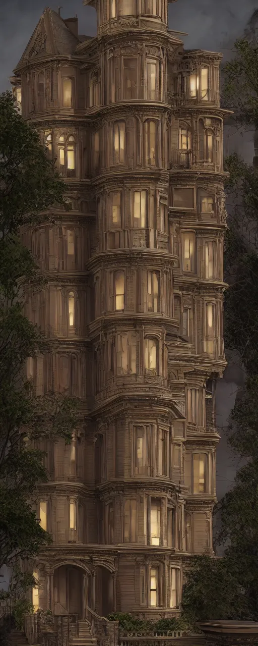 Image similar to very tall multi Level victorian house, rule of thirds, Street scenery, Dynamic lighting, cinematic, establishing shot, extremely high detail, photo realistic, cinematic lighting, , post processed denoised, concept design, concept art, artstation, matte painting, midjourney, style by alex ross, raphael lacoste, eddie mendoza