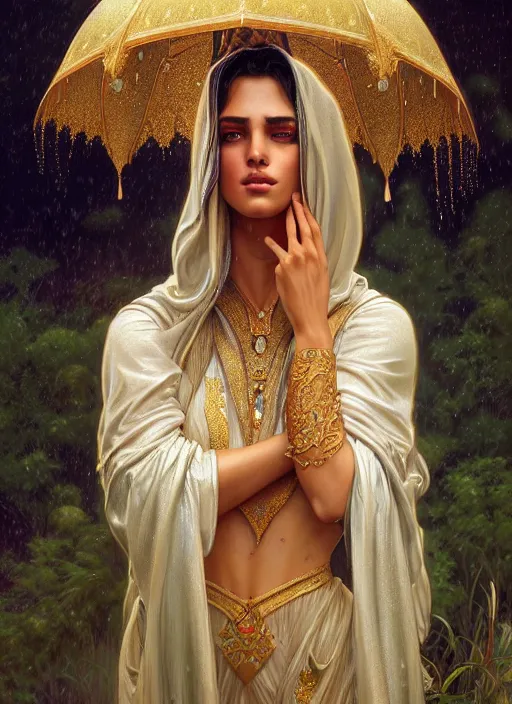 Image similar to an arabian princess standing in the rain crying, shiny, fantasy, intricate, elegant, hyper detailed, ultra definition, photoreal, artstation, unreal engine rendered, concept art, smooth, sharp focus, illustration, art by artgerm and greg rutkowski and alphonse mucha and garis edelweiss