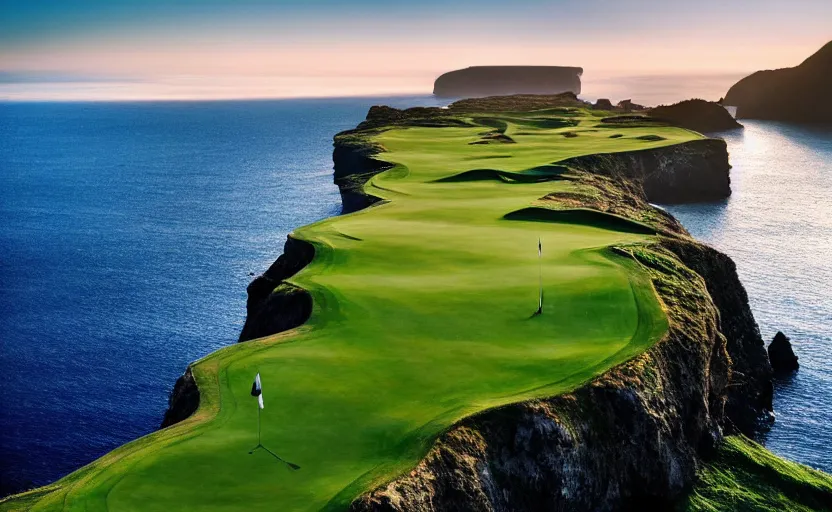 Image similar to a great photograph of the most amazing golf hole in the world, incredible light, cliffs by the sea, perfect green fairway, human perspective, ambient light, 5 0 mm, golf digest, top 1 0 0, fog