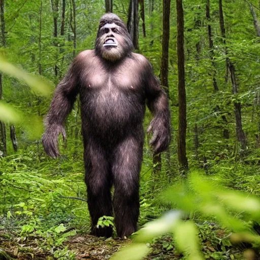 Image similar to photo of feral bigfoot cryptid danny devito in the woods