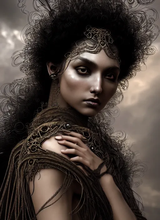 Prompt: a nubile young woman with reflections in her eyes and dark curly hair, wearing a intricate dark shaman costume, clear skin, elegant, graceful, fashionable, swirling dark energy in background, cinematic, hyperdetailed illustration by irakli nadar and alexandre ferra, intricate linework, depth of field, global illumination,
