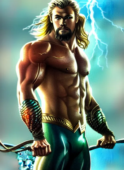 Image similar to chris hemsworth as aquaman, muscular, fantasy, intricate, elegant, highly detailed, digital painting, artstation, concept art, smooth, sharp focus, illustration, art by artgerm and greg rutkowski and alphonse mucha