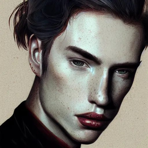 Image similar to portrait of a thin young man with long red hair, ponytail, a lot of freckles on his face, intricate, elegant, glowing lights, highly detailed, digital painting, artstation, concept art, smooth, sharp focus, illustration