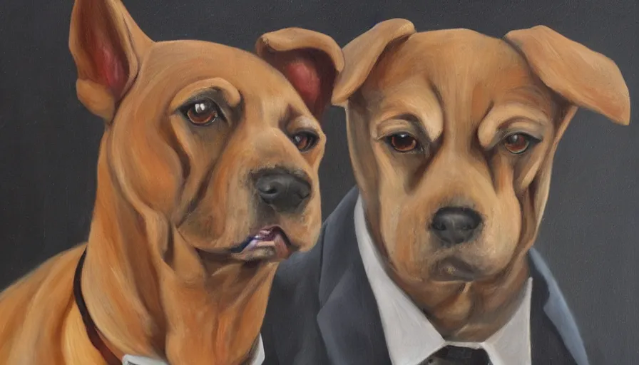 Prompt: a muscular humanoid dog in a suit, oil painting