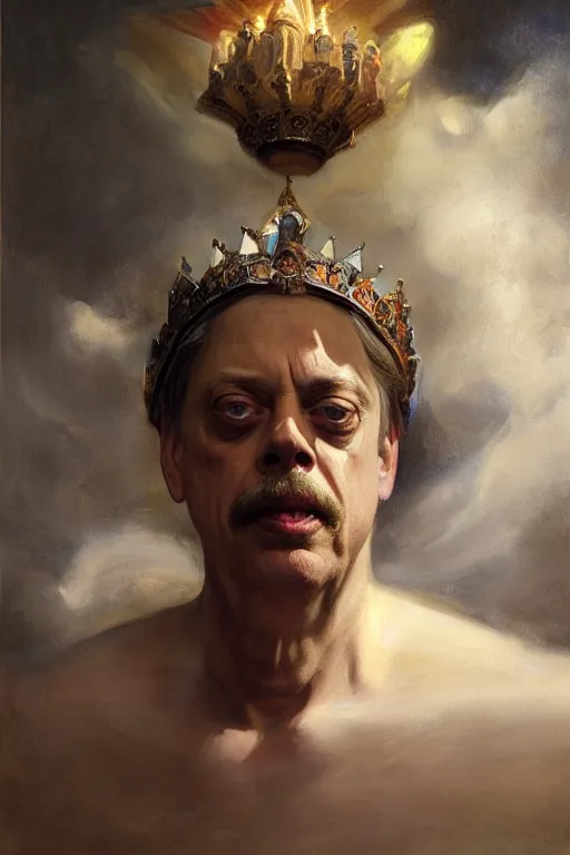 Prompt: beautiful oil painting portrait of ancient roman god emperor steve buscemi wearing the civic crown levitating and ascending religious pose, ascension, art by anders zorn, wonderful masterpiece by greg rutkowski, expressive brush strokes, beautiful cinematic light, american romanticism by greg manchess, jessica rossier