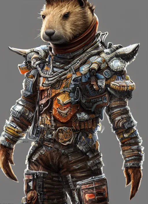 Image similar to detailed full body concept art illustration oil painting of an anthropomorphic capybara space pirate in full intricate armor, biomutant, dystopian, ultra detailed, digital art, octane render