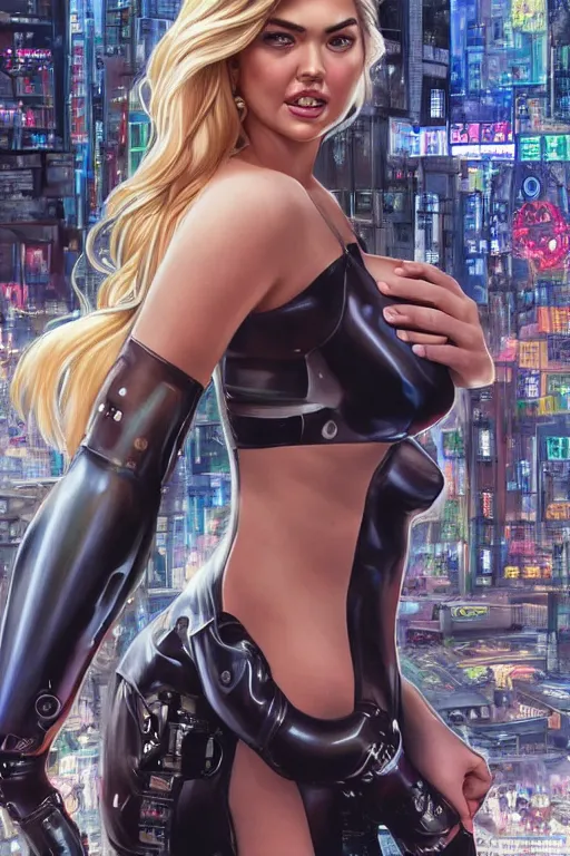 Image similar to wow! 3 / 4 stunning photorealistic portrait of kate upton in a kowloon cyberpunk cityscape, biomechanical bodysuit, oppai proportions, acid rain, dark fantasy by artgerm and clay mann and sorayama and alphonse mucha, very realistic, hyperdetailed, trending on artstation, octane render