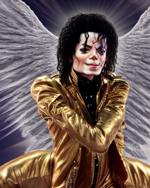 Image similar to highly detailed film still of Michael Jackson sat on a cloud in heaven with angel wings by Joe Simko, grotesque, 8k, hd, hyperdetailed, award winning cinematography