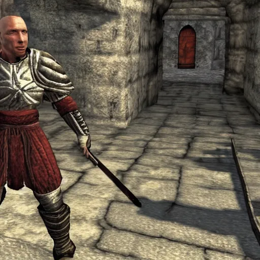 Image similar to attacking screenshot of george st. pierre in morrowind, imperial armor, pc graphics, npc talking, wilderness, 7 2 0 p, elder scrolls iii, detailed, dialog text