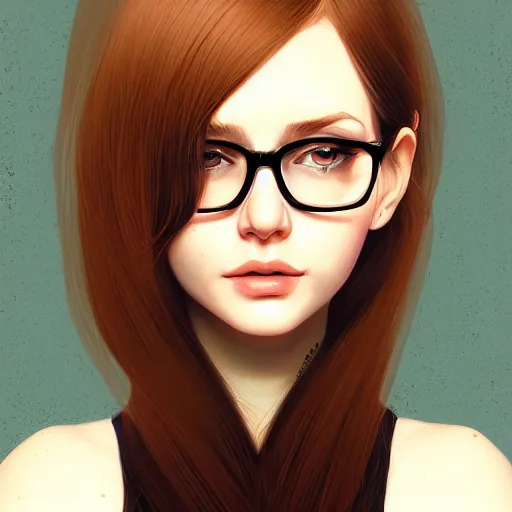 Prompt: Portrait of a woman wearing glasses, long hair, freckles, by ilya kuvshinov