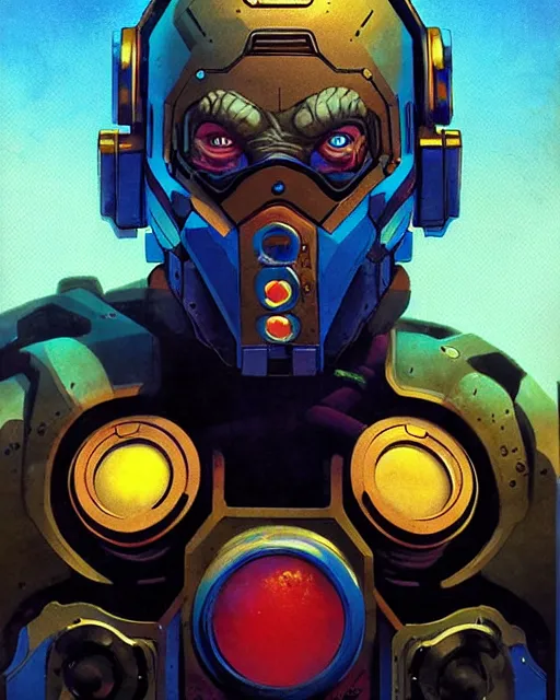 Image similar to sigma from overwatch, crazy look in his eyes, character portrait, portrait, close up, concept art, intricate details, highly detailed, vintage sci - fi poster, retro future, in the style of chris foss, rodger dean, moebius, michael whelan, and gustave dore