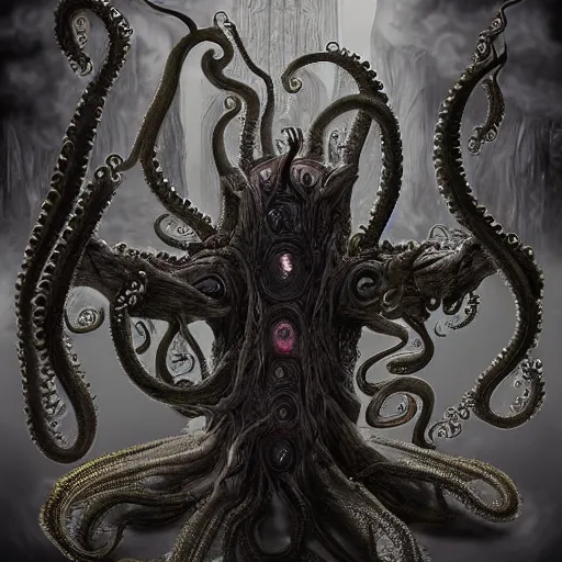 Prompt: unimaginable faceless creature, many eyes, many tentacles, many teeth, dark souls inspired, by Hidetaka Miyazaki