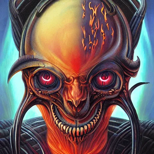 Image similar to giger doom demon portrait of satan, fire and flame, Pixar style, by Tristan Eaton Stanley Artgerm and Tom Bagshaw.