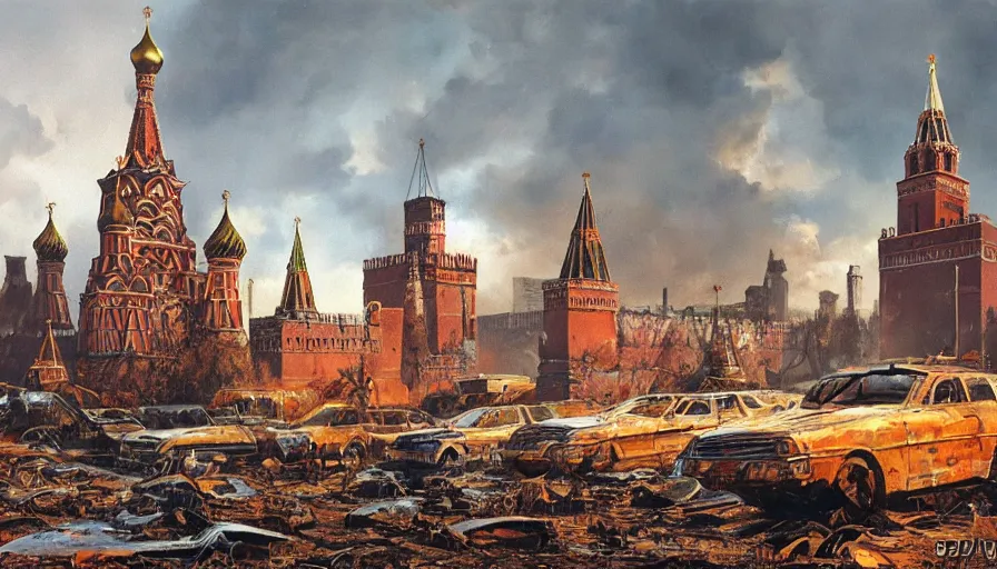 Image similar to A detailed render of a post apocalyptic scene of Kremlin in Moscow ruined and devastated by fires, burned down rusty Moscow buses in flood water, sci-fi concept art, by Syd Mead, highly detailed, oil on canvas