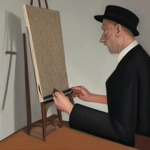 Prompt: a painting of a man drawing a painting. by gertrude abercrombie. precisionism, surrealism, dark, low contrast, featured on pixiv, art on instagram, detailed painting