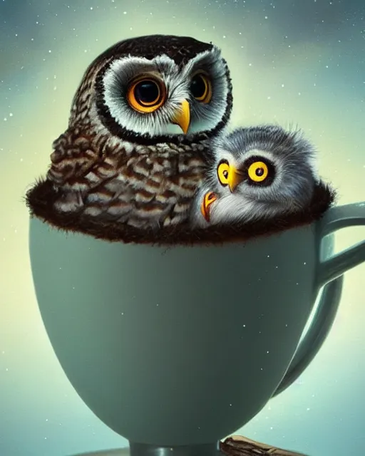 Image similar to long shot of a very cute owl chick nesting in a futuristic mug, esao andrews, humorous illustration, hyperrealistic, big depth of field, warm colors, whimsical cosmic night scenery, low light, 3 d octane render, 4 k, concept art, hyperdetailed, hyperrealistic, trending on artstation