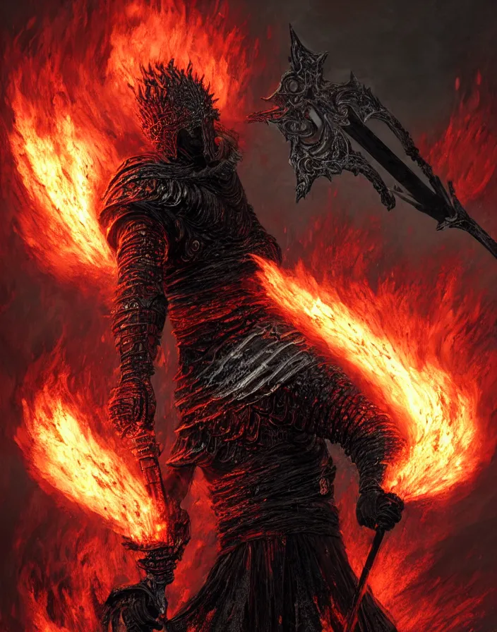 Image similar to illustration of the soul of cinder from Dark Souls 3 (a warrior in heavy iron armor that burns with eternal flame) wielding a burning sword, dark souls 3 artwork, art by greg rutkowski, art by craig mullins, art by Masanori Warugai, art by Yoshitaka Amano