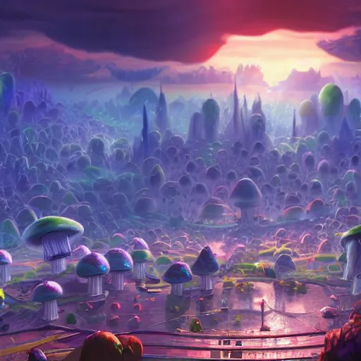 Image similar to beautiful matte art of a mushroom kingdom in the style of futuristic 1 8 th / 1 9 th / 2 0 th century concept art detailed realistic, highly detailed, crystal lighting, hyperrealistic, unreal engine, magical