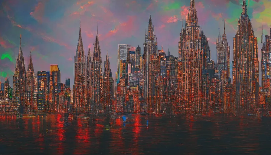 Prompt: view of neo - gothic new york city with neons decorating buildings from hudson river, hyperdetailed, artstation, cgsociety, 8 k