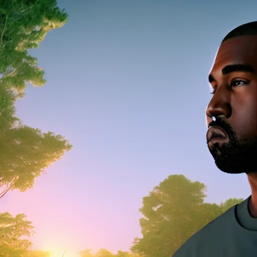 Image similar to a photo of kanye west in the middle of a garden, golden hour, dreamy, misty, cool, afrofuturistic, side shot, detailed, rendered in unreal engine