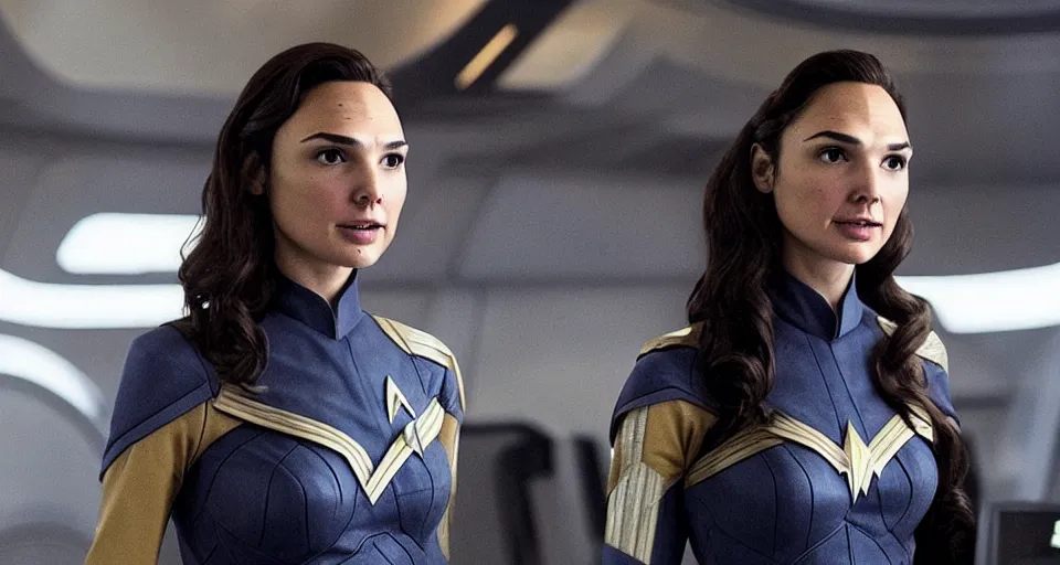 Image similar to Gal Gadot, in full starfleet uniform, is the captain of the starship Enterprise in the new Star Trek movie