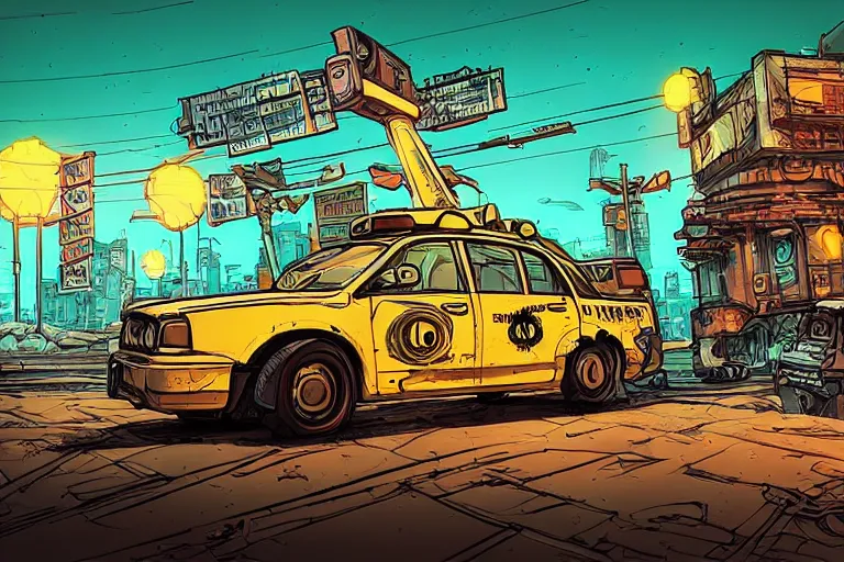 Prompt: cell shaded!! Taxi cab as Borderlands 3 concept art, llustration, concept art by Laurie Greasley, highly detailed, sharp focus,alien, HQ, 4K ,art by Laurie Greasley