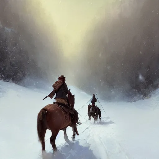 Image similar to Two northerners on horseback seen from afar riding in the snow, snowy landscape, snow storm, fantasy, highly detailed, digital painting, artstation, concept art, illustration, art by Greg Rutkowski and Marc Simonetti