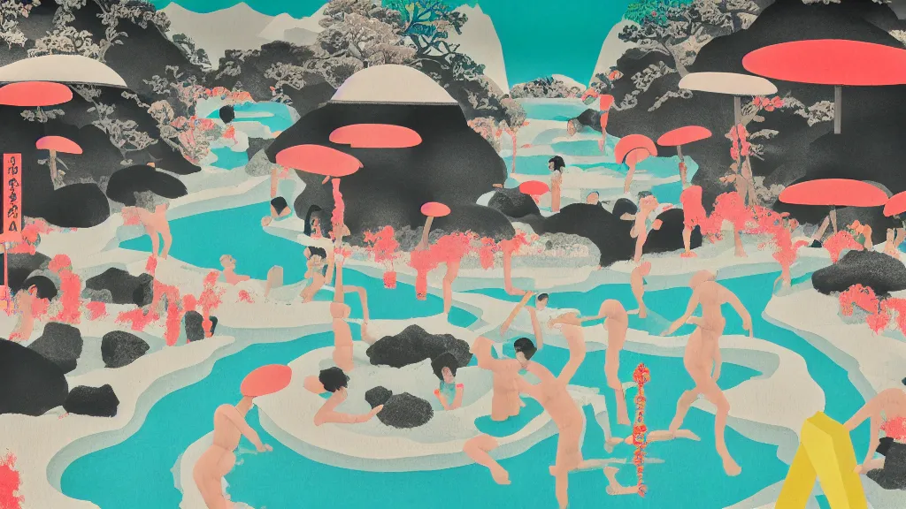 Image similar to japan natural hot spring, a collage painting, in the style of wes anderson, lola dupre, david hockney, isolated on negative white space background dark monochrome neon spraypaint accents volumetric octane render