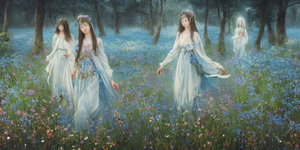 Image similar to breathtaking detailed concept art painting of walking in meadow goddesses of light blue flowers, orthodox saint, with anxious, piercing eyes, ornate background, amalgamation of leaves and flowers, by Hsiao-Ron Cheng, James jean, Miho Hirano, Hayao Miyazaki, extremely moody lighting, 8K