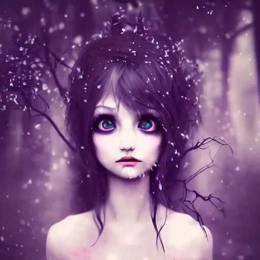 Prompt: focus face portrait of beautiful darkness witch 3D anime girl, dark forest background, snowing, bokeh, inspired by Tim Burton, Giger, digital painting, high contrast, unreal engine render, volumetric light, high détail