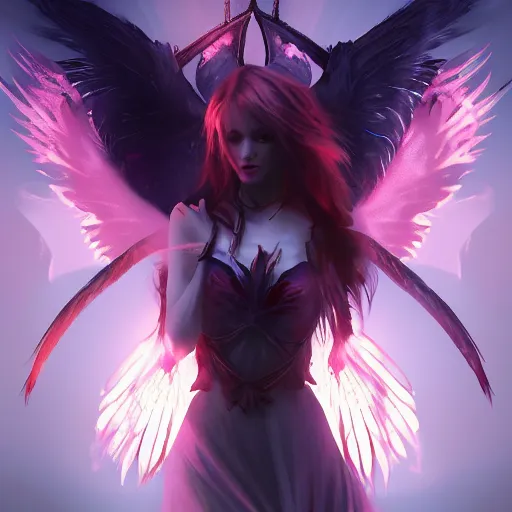 Image similar to young vampire princess with burning wings 4 k high definition gorgeous dramatic lighting artstation trending path traced contrast light and dark cinematic breathtaking by christensen, james c.