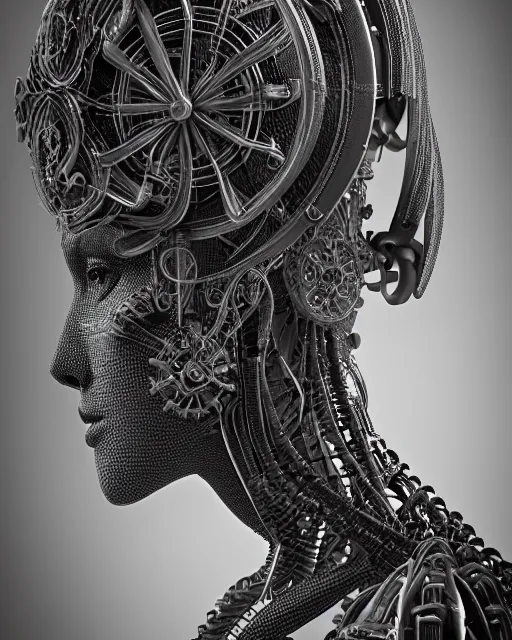 Image similar to mythical dreamy black and white organic bio-mechanical spinal ribbed profile face portrait detail of mechanical beautiful female angelic-vegetal-cyborg, highly detailed, intricate steampunk ornate, poetic, 3D render, digital art, octane render, 8K artistic photography, photo-realistic, by Dora Maar