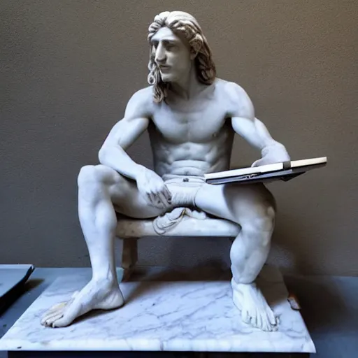 Image similar to epic greek marble statue of a thin tall man, shaved, with very long hair, coding on a laptop