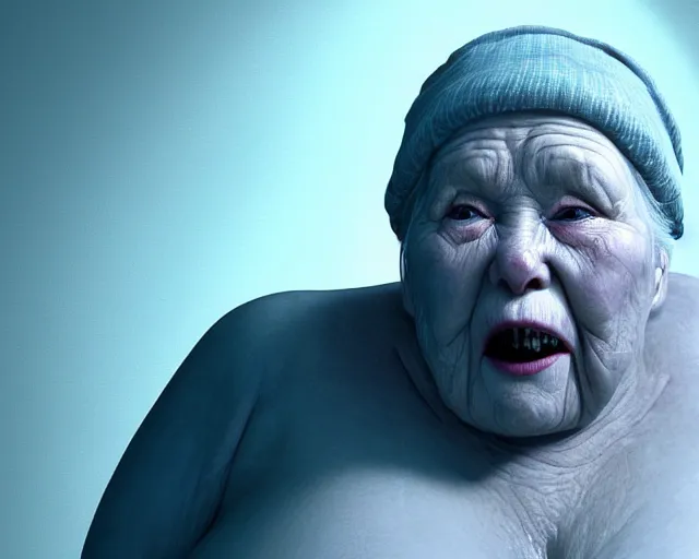 Prompt: of a very beautiful scene. ambient occlusion render. a sweet fat old woman is giving birth to her shadow. hyper realistic. 4 k. wide angle. wild. symmetrical face, red mouth, blue eyes. deep focus, lovely scene. ambient occlusion render. concept art. unreal engine.