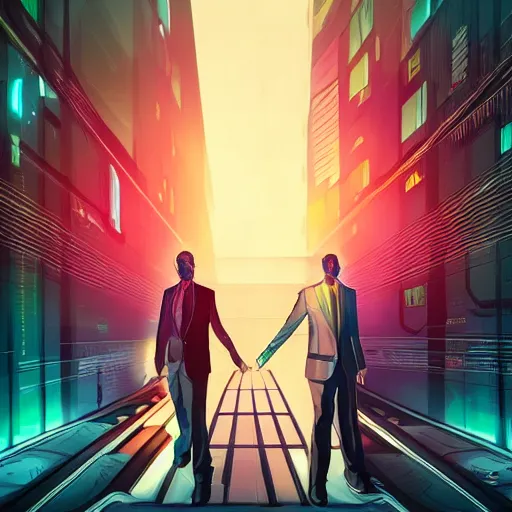 Prompt: two cyberpunk businessmen, detailed digital illustration, nighttime, colorful lighting, android netrunner