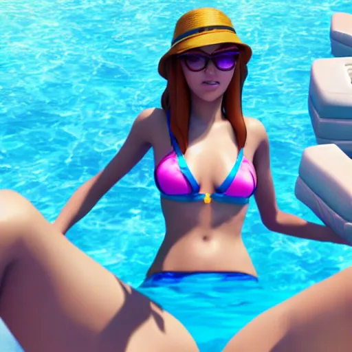 Prompt: pool party Caitlyn enjoying the Californian sun (League of Legends). 3d octane render 4k