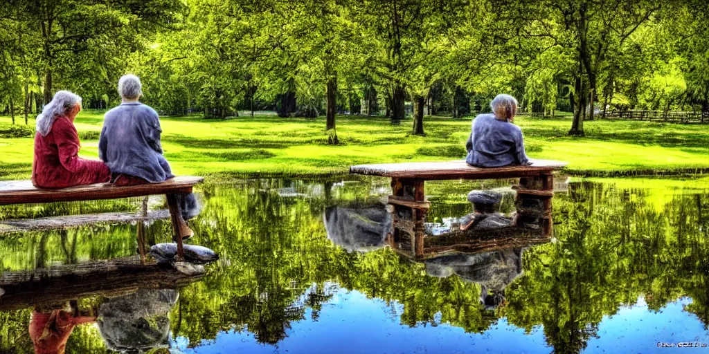 Image similar to mathematician and a philosopher sitting on a bench in front of a pond, intricate detailed reflection, HDR,