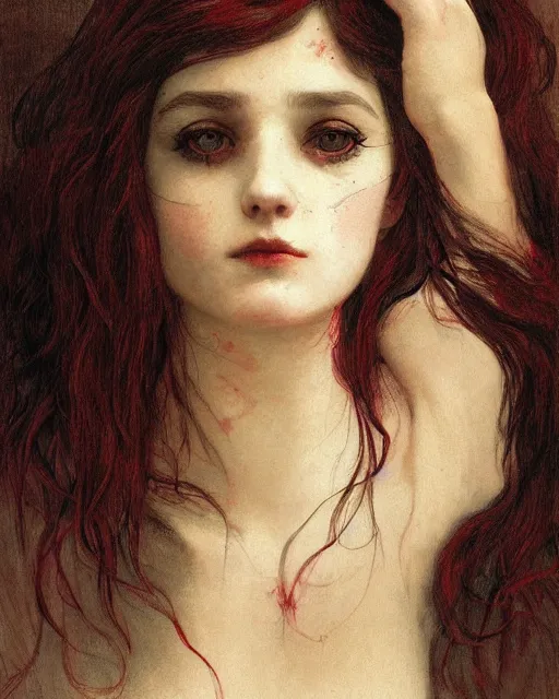Prompt: a beautiful but sinister girl in layers of fear, with haunted eyes and tangled, dark hair, 1 9 7 0 s, seventies, delicate embellishments, a little blood, crimson, painterly, offset printing technique, by alexandre cabanel