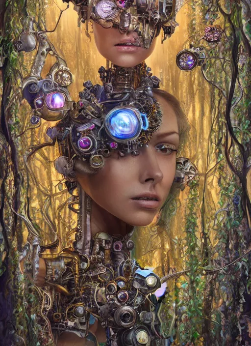 Image similar to oil painting of beautiful female robot covered by plants and crystals in the mystical forest, beautiful symmetrical face, chrome parts, opal crystals, renaissance style, golden steampunk, retro futurism, sci - fi, filigree jewellery, baroque, cinematic light, mystical shadows, 8 k