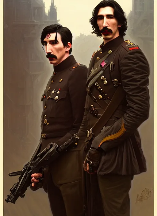 Image similar to a portrait of john oliver and adam driver posing together, stoic, military uniform, fantasy, centered, dark, smoke, fog, art by artgerm and greg rutkowski and alphonse mucha