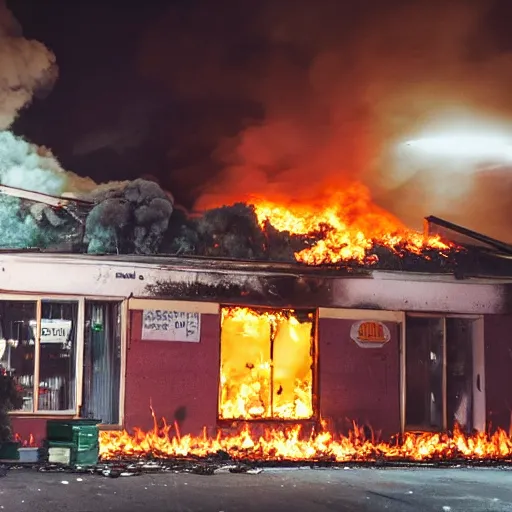 Image similar to vegetables store house in flames, realistic, night photo