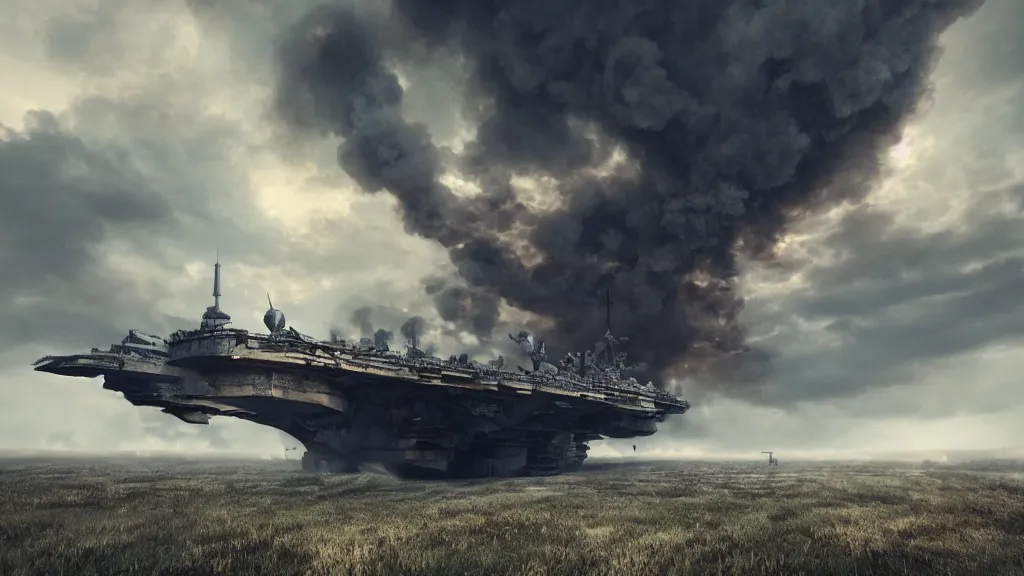 Image similar to an immense steampunk aircraft carrier crashed and burning in a field, thick black smoke billowing, turbulent storm clouds, dystopian, sharp focus, octane render, imax